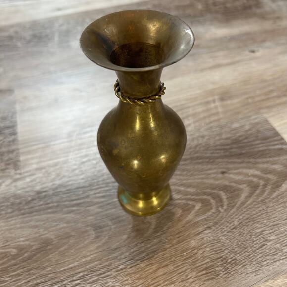 Vintage Brass Mini Vase with Rope Detail India Patina 6” Boho Cottagecore Decor - Picture 2 of 6
